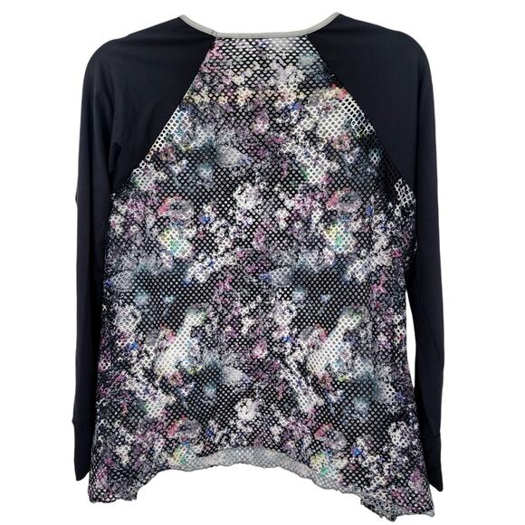 Denise Cronwall Activewear Long Sleeve Mesh Sheer Top Black Multi-Color Floral M - Picture 3 of 5